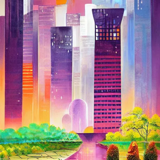 Prompt: Beautiful city of the future in harmony with nature. Nice colour scheme, soft warm colour. Beautiful painting by Lurid. (2022)