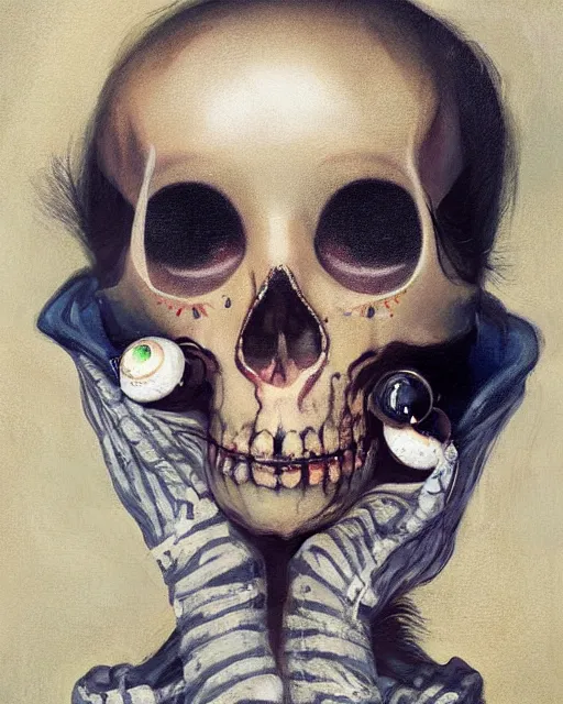 Image similar to a surrealistic head and shoulder painting of a gorgeous female skeleton with cat eyeballs and lipstick and hoodie, in the style of sir james guthrie and greg rutkowski, digital art, detailed masterpiece
