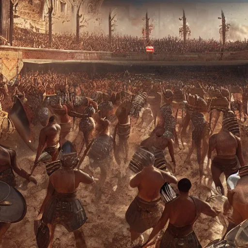 Prompt: anthropomorphic gladiators arena fighting for life with a crowd of spectators, duunes desert medium shot, key art by craig mullins, bloom, dramatic lighting, cinematic, high details