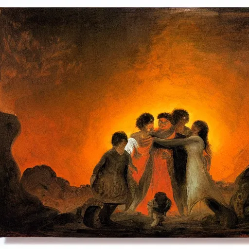 Prompt: panicking family hugging under pompeii lava, sunset, expressionism goya style