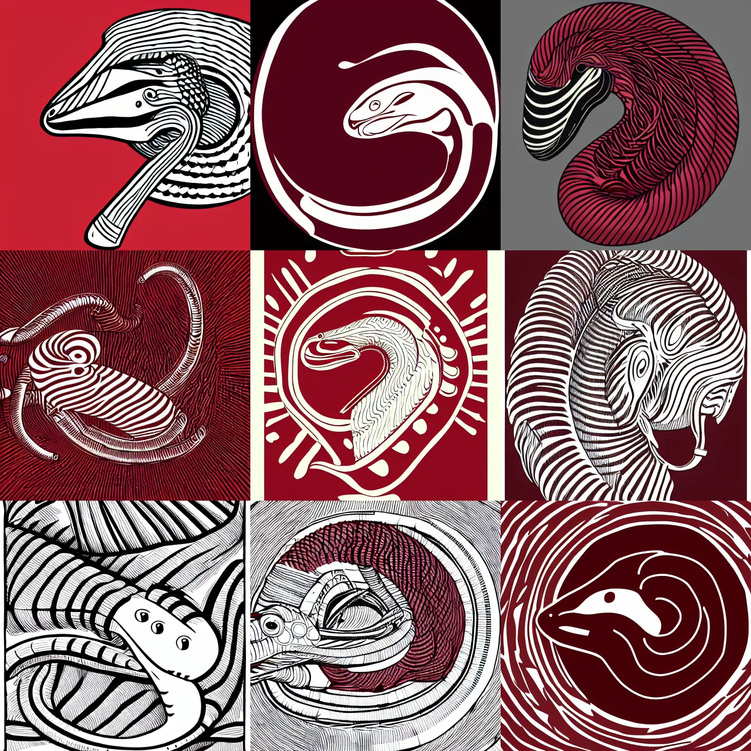 Prompt: A coiled Cobra with head facing right, mascot, maroon and white, graphic design, line art, perfect lines, no text