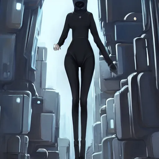 Prompt: scifi art by greg rutkowsky, a very tall and slim girl with black bob hair with two strands around her face, wearing a oversized jumper jumpsuit, walking through a futuristic city, scifi environment, highly detailed portrait, digital painting, artstation, concept art, smooth, sharp foccus ilustration, artstation hq