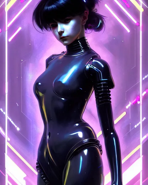 Prompt: portrait of beautiful cute cyborg maiden goth girl in latex, cyberpunk, warhammer, neon night city, high details, art by ( ( ( kuvshinov ilya ) ) ) and wayne barlowe and gustav klimt and artgerm and wlop and william - adolphe bouguereau