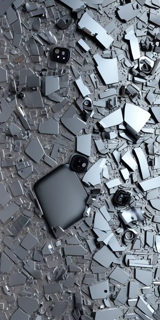 Image similar to A beautiful hyper realistic ultra detailed lifelike cinematic still of broken iphone, knolling, unreal engine, deviantart, flickr, artstation, octane render, textured, colorful, extreme realistic detail, physically based rendering, pbr render, very detailed, volumetric lighting, detailed lighting, octane render, 4k, cinematic lighting, 8k resolution