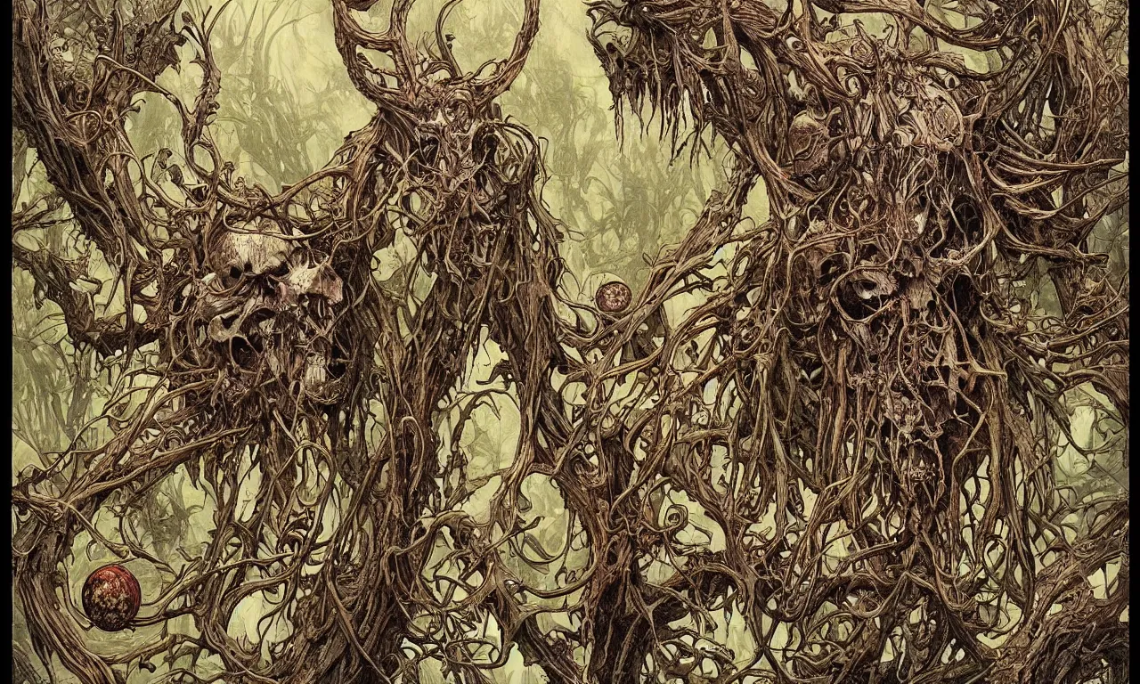 Image similar to hyperdetailed art nouveau portrait of treebeard as a cthulhu eyeball skull wendigo cryptid, by geof darrow, simon bisley and bill sienkiewicz, grim yet sparkling atmosphere, photorealism, claws, skeleton, antlers, fangs, forest, wild, crazy, horror, lynn varley, lovern kindzierski, steve oliff