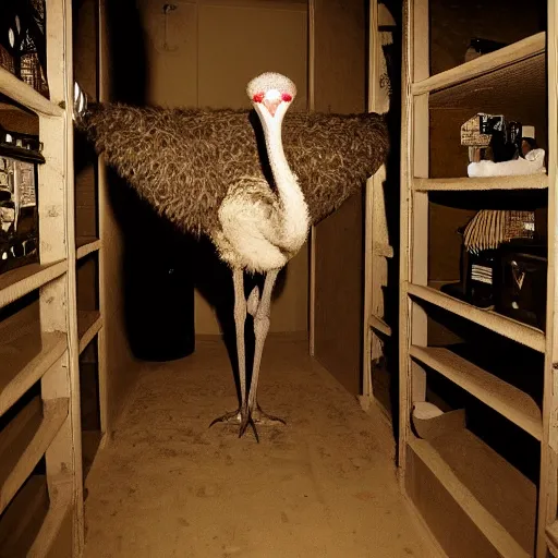 Prompt: grainy photo of an ostrich as a creepy monster in a closet, harsh flash