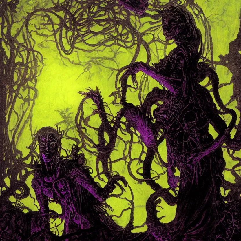 Prompt: a close - up view portrait of a silhouetted supernatural witch in baroque neoclassicist halls overgrown with alien technology. close - up view, detailed textures. glowing purple fog, dark black background. highly detailed fantasy science fiction painting by moebius, norman rockwell, frank frazetta, and syd mead. rich colors, high contrast