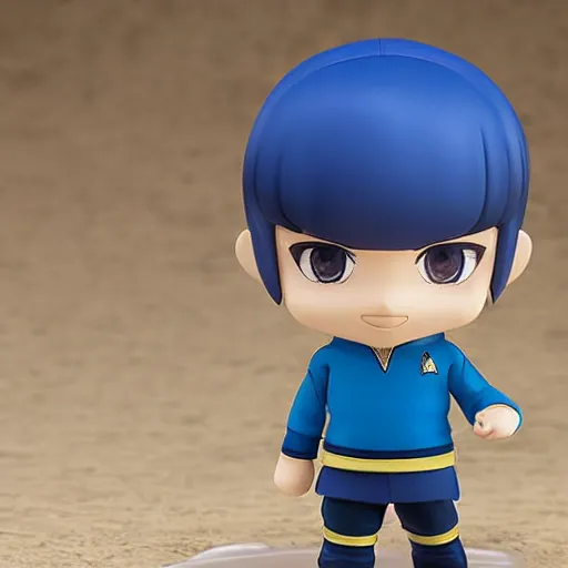 Image similar to spock from the tv series star trek, serious look, pointed ears, spock haircut, as an anime nendoroid, starfleet uniform, detailed product photo