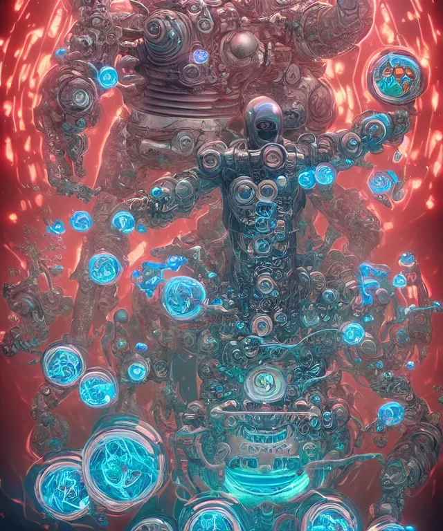 Image similar to a cyborg water demon surrounded by power sigils, centered composition, crisp 8 k line art, digital painting, artstation, unreal engine, octane render, emissive lighting, concept art, matte, sharp focus, hyper realistic lighting, illustration, art by shintaro kago and james jean