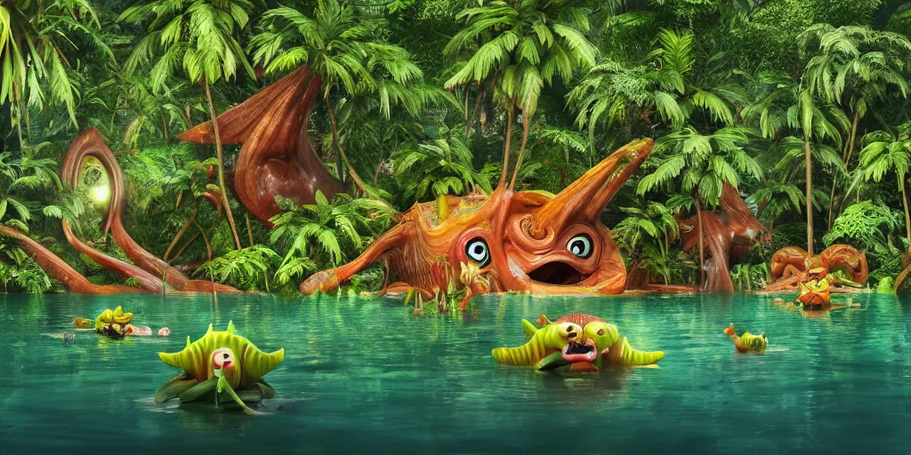 Image similar to of a tropical rainforest lake with strange cute friendly happy creatures with huge eyes, mouth, long tongue, round teeth and goofy face, appearing from the water, in the style of gehry and gaudi, macro lens, shallow depth of field, ultra detailed, digital painting, trending artstation, concept art, illustration, cinematic lighting, photorealism, epic, octane render