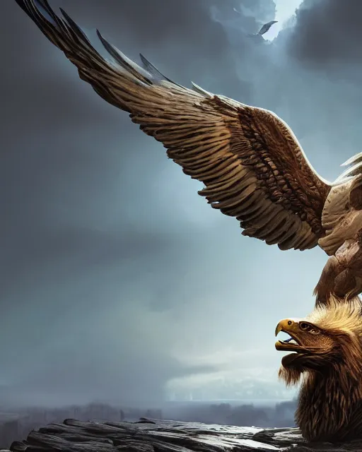 Image similar to human / eagle / lion / ox hybrid with two horns, one beak, mane and human body. beautiful dynamic lighting, cinematic, wide angle establishing shot, extremely high detail, photo realistic, cinematic lighting, post processed, concept art, artstation, matte painting, style by frederic church, raphael lacoste, unreal engine 8 k