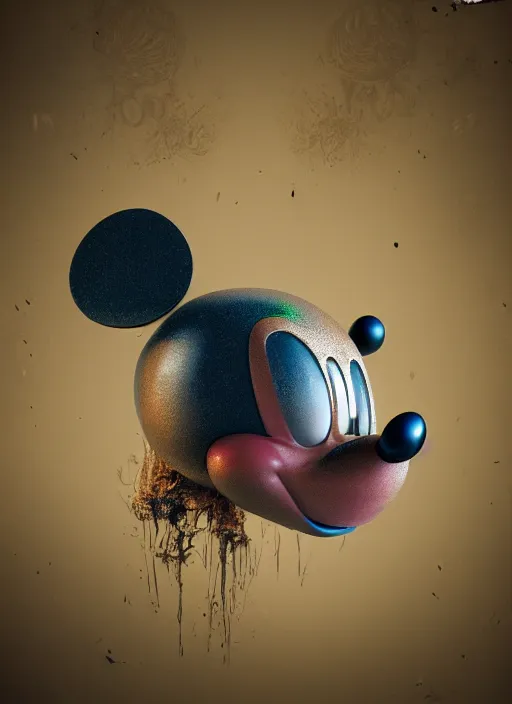 Image similar to mickey mouse head, fractal, broken, wet, mycelium, radiant alien, rococo, baroque, automotive, bio-mechanical, porcelain, iridescent sub surface scattering, octane render