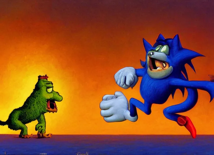 Image similar to surrealist impressionist painting of sonic the hedgehog and shrek and garfield at dusk, in the style of michael whelan and james gurney and wayne barlowe