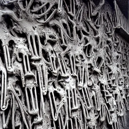 Prompt: a wall made of skeletal arms, a photograph taken by giger and beksinski and the horror god