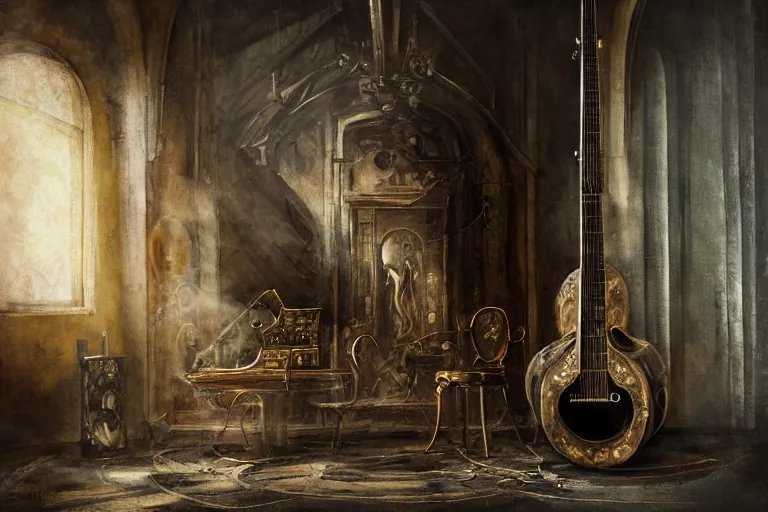 Image similar to still life painting, musical instument alone - a lute with smoke wisping up from its smoldering string, cursed baroque with ebony inlay, designed by brian froud and hr giger leans against the wall alone, abandoned. an empty brutalist chamber, lonely, somberlate afternoon lighting cinematic fantasy painting by jessica rossier