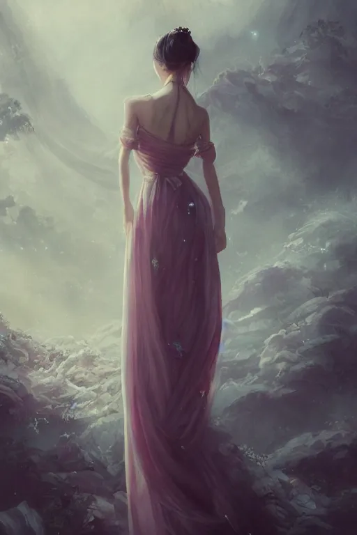 Image similar to chinese princess in a long silk dress, from backside, up shot, highly detailed art, cinematic atmosphere, volumetric lighting, glow, trending on artstation, by wlop, by le vuong, by tom bagshaw