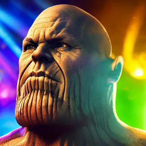 Prompt: photo of Thanos is djing at an underground warehouse rave, he is looking very worried. award winning, atmosphere, coloured lasers and stage lighting, stage smoke, 1x