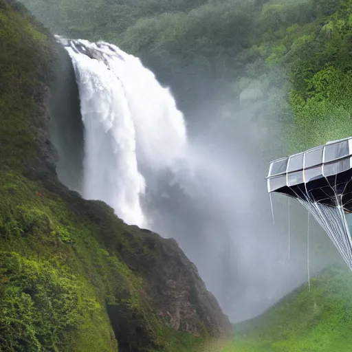 Prompt: flying House with turbines crashing against a waterfall