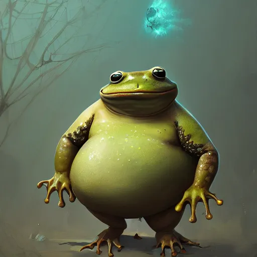 Prompt: a fat happy frog fantasy, intricate, elegant, highly detailed, digital painting, artstation, concept art, smooth, sharp focus, illustration, art by greg rutkowski ismail inceoglu