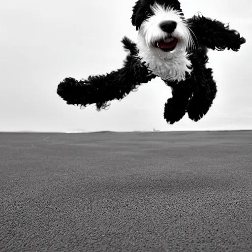 Prompt: black and white jackapoo jumping in the air and catching a grenade