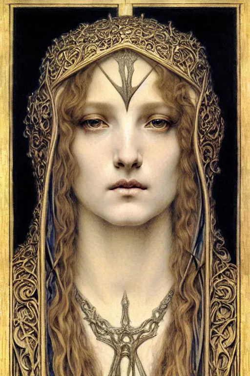 Image similar to detailed realistic beautiful young medieval queen face portrait by jean delville, gustave dore and marco mazzoni, art nouveau, symbolist, visionary, gothic, pre - raphaelite. horizontal symmetry