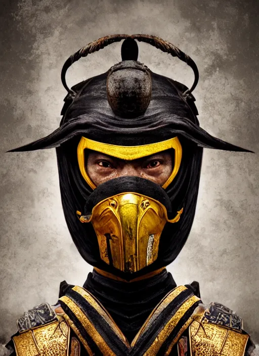 Image similar to samurai portrait, symmetrical face, wearing mempo mask scorpion mortal kombat mask, after a battle, dirt and unclean, extreme detail, cinematic, dramatic lighting render, photorealism photo by national geographic, tom bagshaw, masterpiece