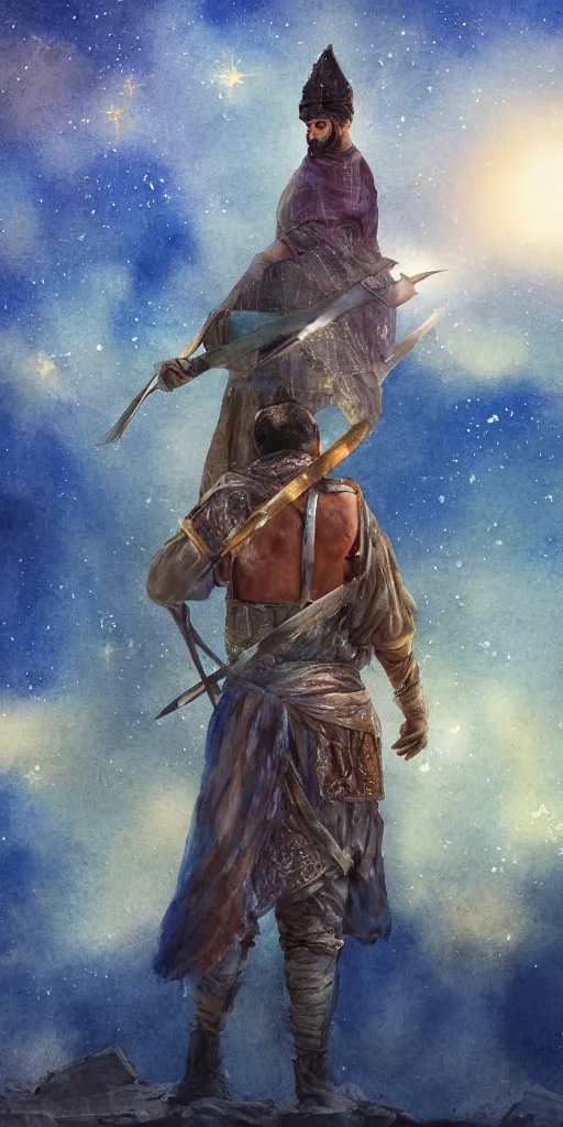 Prompt: an arab person with swords on his back standing in the desert with sky with stars in watercolor, cinematic, highly detailed wide, atmospheric lighting, muted colors