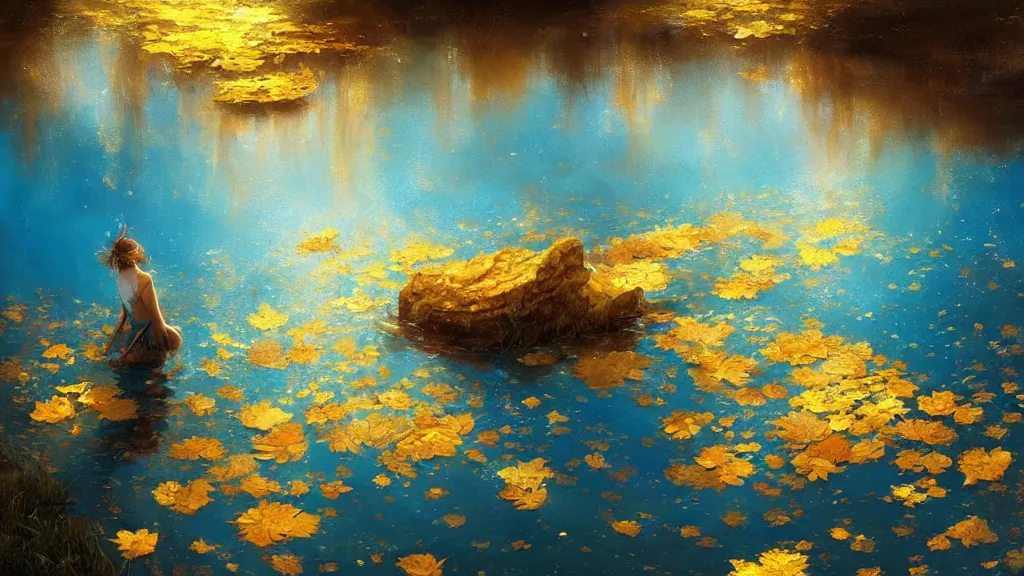 Prompt: a beautiful painting, super wide, underwater, gold leaves, gold leaves, starry night, summer, clearing, film, john howe, krenz cushart, artstation