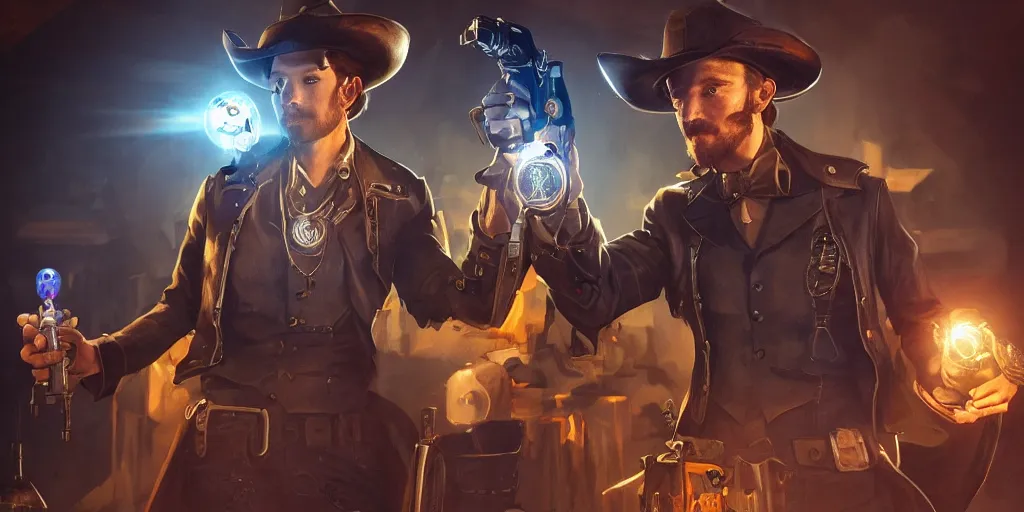 Prompt: a futuristic cowboy holding a glowing revolver to his enemies in a steampunk themed bar, trending on artstation, digital art, award winning, cinematic lightning, god rays