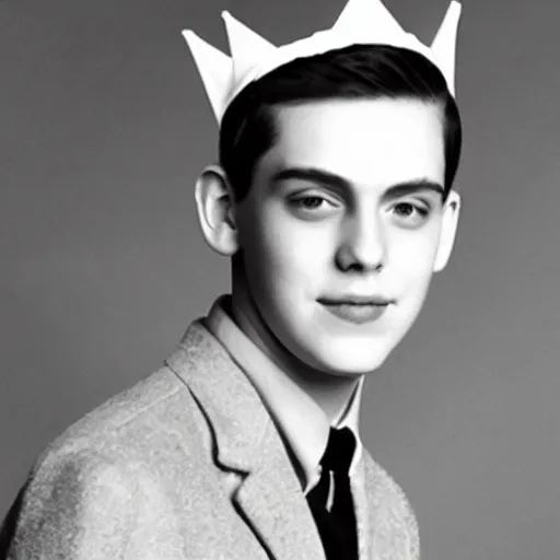 Image similar to a yearbook photo of Jughead Jones in 1966, he is wearing a paper crown