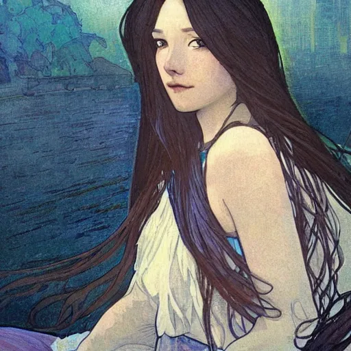 Prompt: A girl with long hair sitting by the river at night ,flowing hair by mucha and Krenz Cushart ,gloomy,geometric shapes, hard edges,blue theme ,-H768