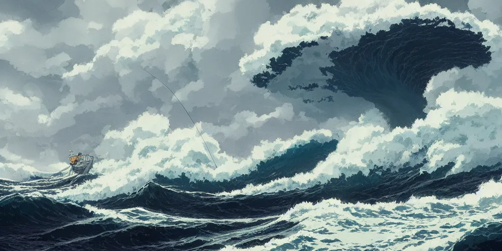 Image similar to A fishing boat rides a huge wave in a stormy sea, an intense storm blacks out the sky, fork lightning, dark and epic, Greg Rutkowski and Studio Ghibli