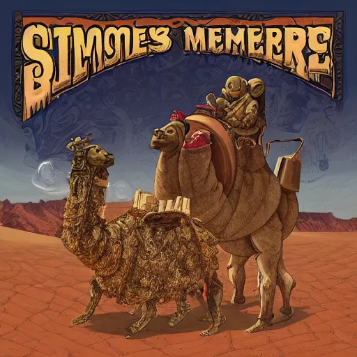 Image similar to several stoner merchants in robes with integrated bong gas mask appliances, trucking bales of herbs across an alien desert with camel-like creatures in tow. Album art by Arik Roper