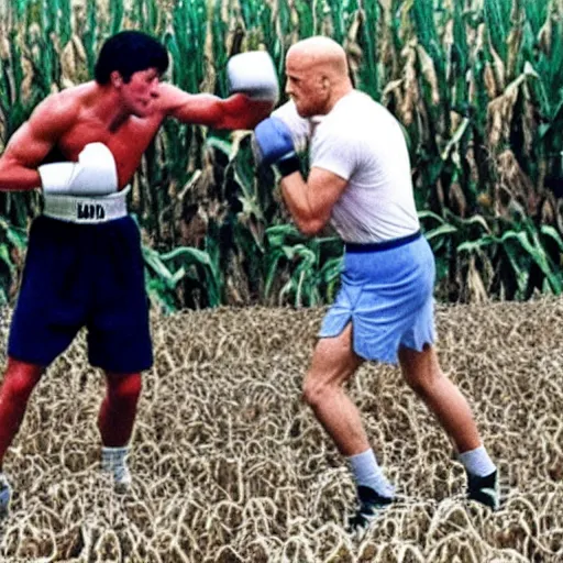 Image similar to rocky balboa punching joe biden in the middle of a corn maze