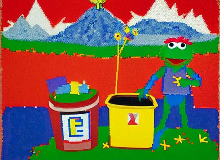 Image similar to pixel decollage painting trash can toter as tarot card fool with sesame street elmo and kermit muppet on a horse knight in a dark red cloudy night sky background and golden foil jewish stars , mountain lake and blossoming field in background, painted by Mark Rothko, Helen Frankenthaler, Danny Fox and Hilma af Klint, pixelated, neo expressionism, semi naive, pastel colors, cinematic, color field painting, cave painting, voxel, pop art look, outsider art, minimalistic. Bill Traylor painting, part by Philip Guston and Francis Bacon. art by Adrian Ghenie, very coherent symmetrical artwork, cinematic, hyper realism, high detail, octane render, unreal engine, Smooth gradients, depth of field, full body character drawing, extremely detailed, 8k, extreme detail, intricate detail, masterpiece