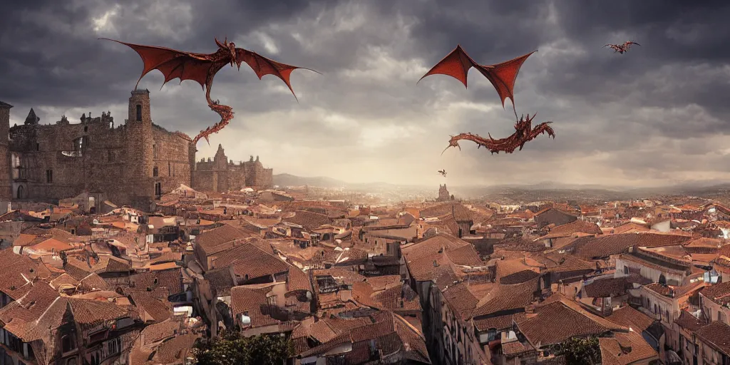 Image similar to the monumental city of caceres with smaug flying over it, dramatic lighting, cinematic, extremly high detail, photorealistic, cinematic lighting, post processed, concept art, artstation, matte painting, style by greg rutkowsky