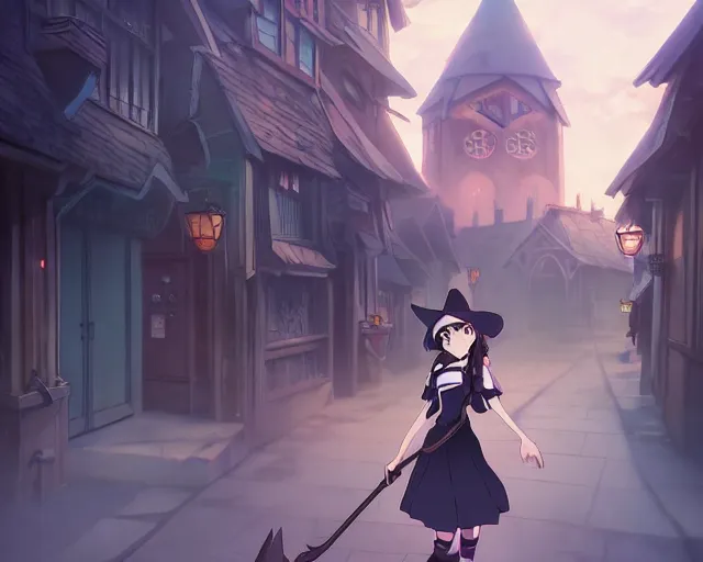 Image similar to key anime visual portrait of a young female witch walking through a busy village, dynamic pose, dynamic perspective, cinematic, dramatic lighting, muted colors, detailed silhouette, textured, finely detailed eyes, anime proportions, little witch academia