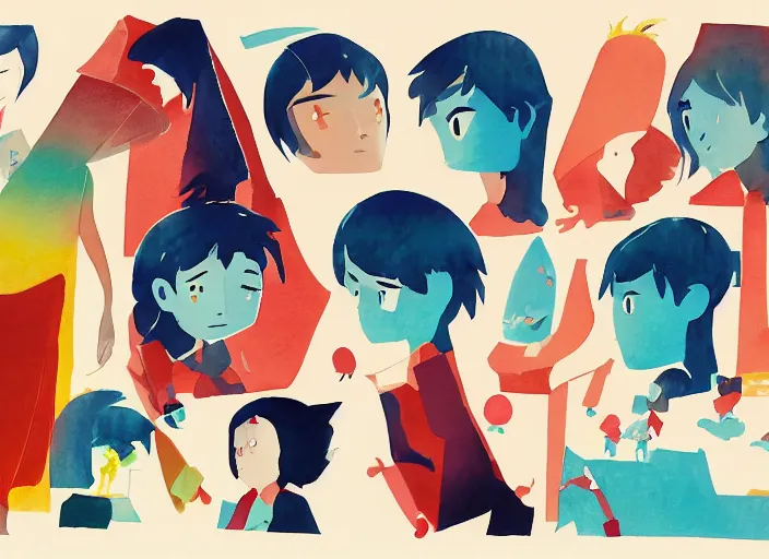 Image similar to studies of the protagonist by masaaki yuasa, pleasing palette watercolor and mixed media shape design