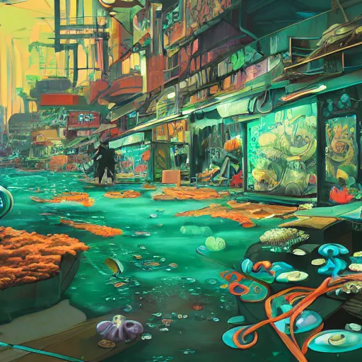 Prompt: painted anime background of undersea slums shopping district built from various sea shells and corals and falling to decay, seaweed, light diffraction, steampunk, cyberpunk, cool colors, caustics, anime, vhs distortion, hazard warning signs, sickly green color palette, barnacles, sea urchins, inspired by splatoon by nintendo, art created by miyazaki