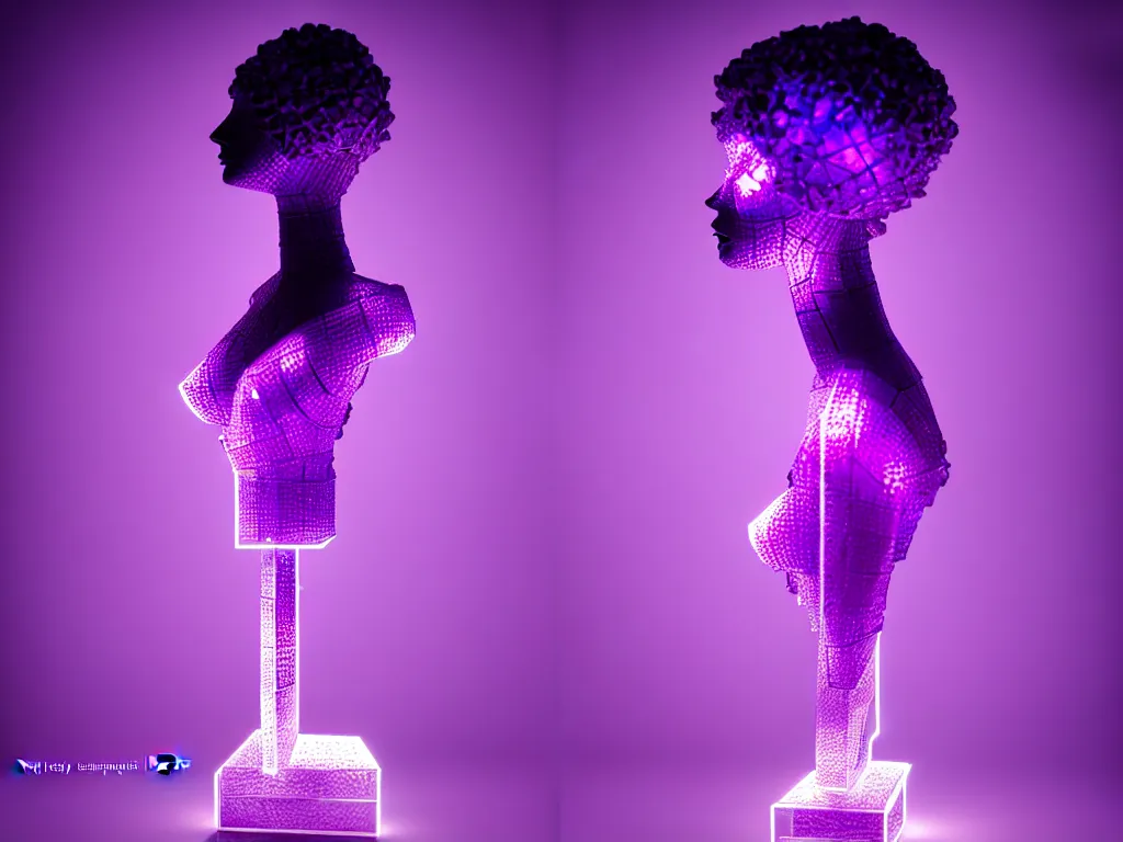 Prompt: beautiful mannequin sculpted out of amethyst by billelis + lit with purple 3 d geometric neon + chrome geometric cubed bonsai plants!!!!, doorway opening with neon pink geometric light, clean linework, dramatic, finely detailed, rule of thirds, moody, confident, award winning, 4 k, trending on artstation, photorealistic, volumetric lighting, octane render