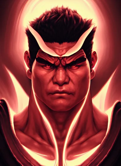 Image similar to symmetry!! portrait of evil ryu, street fighter iv, global illumination!! intricate, elegant, highly detailed, digital painting, artstation, concept art, smooth, sharp focus, illustration, art by artgerm and greg rutkowski and alphonse mucha