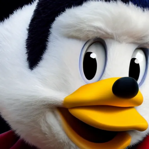 Prompt: Studio photo of Donald Duck in real life, hyper-realistic close-up professional shot