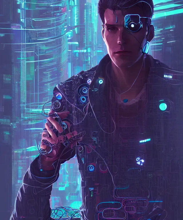Image similar to a portrait of a male cyberpunk netrunner made of cables, fantasy, elegant, digital painting, artstation, concept art, matte, sharp focus, illustration, art by josan gonzalez