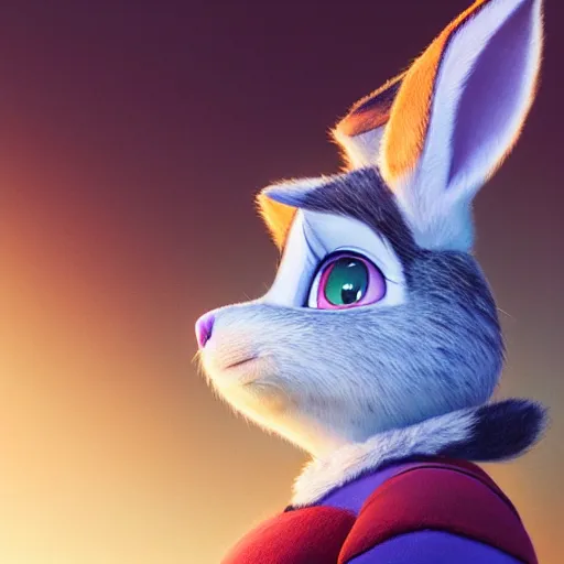 Image similar to A portrait of Judy Hopps, up close, sharp focus, soft lighting, beautiful lighting, backlit fur, extremely detailed furry art, furaffinity, trending on artstation, greg rutkowski, award winning painting