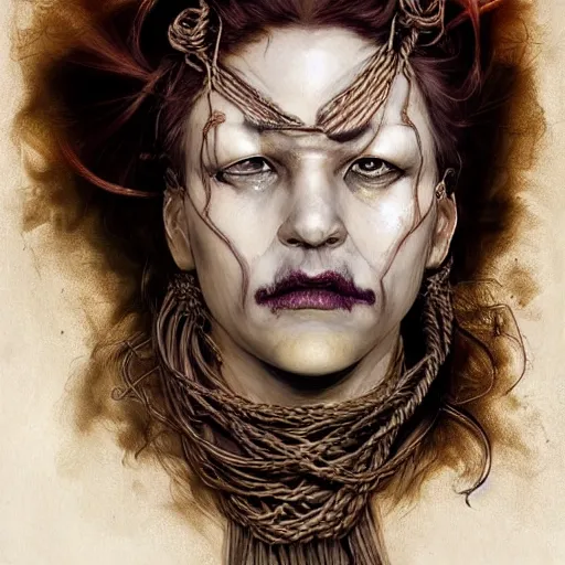 Image similar to portrait of a Shibari rope wrapped face and neck, headshot, insanely nice professional hair style, dramatic hair color, digital painting, of a old 17th century, old cyborg merchant, amber jewels, baroque, ornate clothing, scifi, realistic, hyperdetailed, chiaroscuro, concept art, art by Franz Hals and Jon Foster and Ayami Kojima and Amano and Karol Bak,