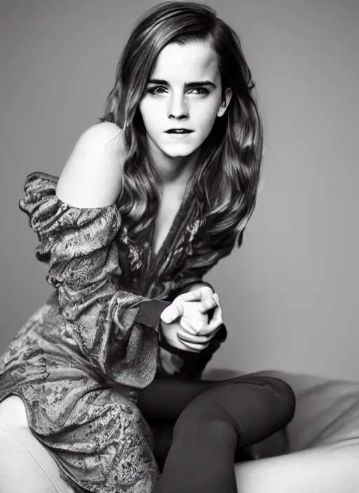 Image similar to Emma Watson for Victorian Secret, sitting on a chair, full length shot, extremely detailed, XF IQ4, 50MP, 50mm, f/1.4, ISO 200, 1/160s, natural light, Adobe Lightroom, rule of thirds, symmetrical balance, depth layering, polarizing filter, Sense of Depth