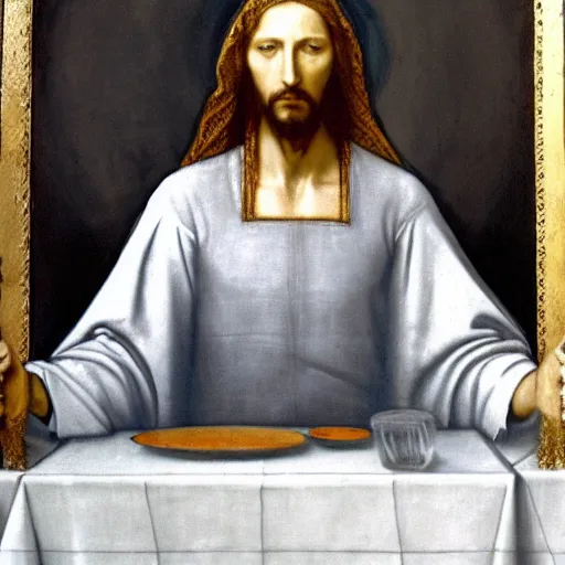 Image similar to painting of cate blanchett as Jesus in the last supper by Leonardo davinci