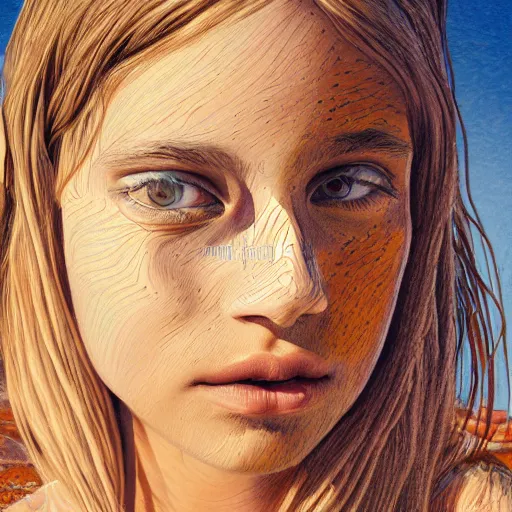 Prompt: a detailed portrait of a girl in the desert, art illustration, incredibly highly detailed and realistic, 8 k, sharp focus