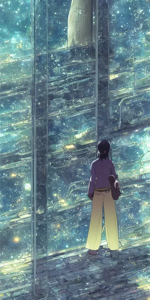 Prompt: glass bottle containing the stairways to another galaxy, art by makoto shinkai and alan bean, yukito kishiro