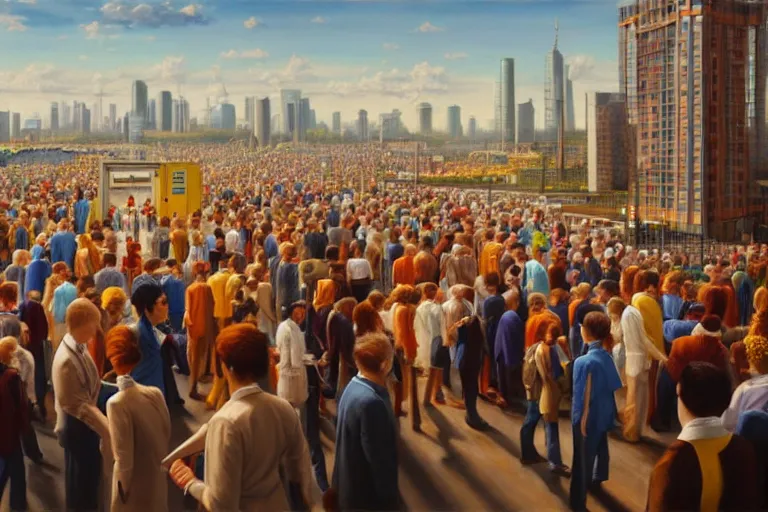 Image similar to ( ( a beautiful 8 k photorealistic masterpiece oil painting ) ( of ( utopia of a society where people are happy at work ) ) ( hyperrealism ) ( 1 6 k ) ( trending on artstation )